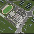 Modern School Building Complex Featuring Sports Field Running Track Lush Greenery And Surrounding Roads