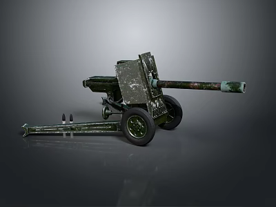 Vintage Military Field Gun With Green Camouflage And Wheeled Carriage 3d model