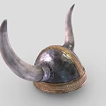 Vintage Viking Warrior Helmet Featuring Large Curved Horns Metallic Finish And Ornate Golden Band