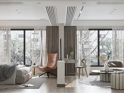 Modern Bedroom Interior Design With Large Bed Orange Armchair And Gray Curtains 3d model