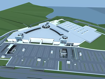 Large Modern Building With Domed Roofs Parking Lot Green Landscaping And Waterfront 3d model