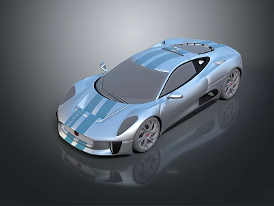 Silver Sports Car With Blue Stripes And Sleek Aerodynamic Modern Design 3d model