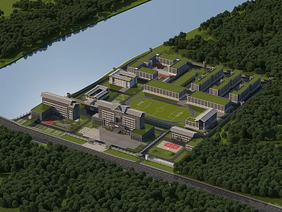 Modern Office Building Complex Surrounded by Green Trees Near River With Sports Field Campus Style 3d model