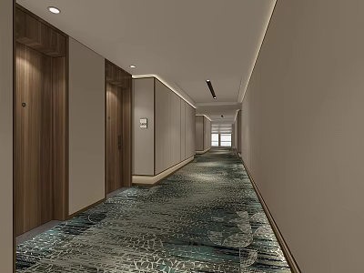 Hotel Corridor With Patterned Carpet Wooden Doors Light-Colored Walls And Recessed Lighting 3d model