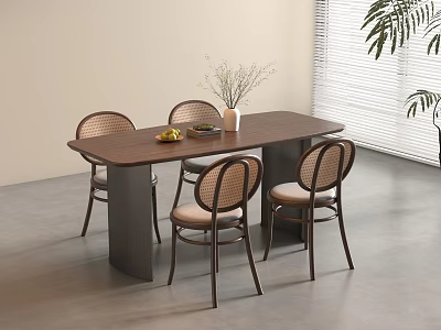 Rectangular Wooden Dining Table With Four Woven Backrest Chairs And Vase With Dried Flowers 3d model