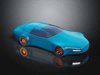 Blue Sports Car With Streamlined Design And Orange Rims On Black Background With Reflection 3d model