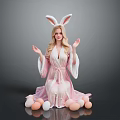 Easter Themed Scene With Woman In Pink Robe And Rabbit Ears Surrounded By Decorated Eggs