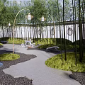 Serene Residential Landscape With Winding Path Bamboo Grove And Lantern Style Lamps