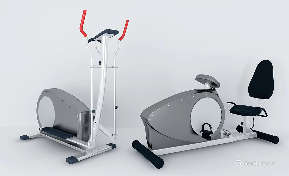 Modern Sports Equipment Featuring Elliptical Trainer And Stationary Bike With Gray White Frame Design 3d model 