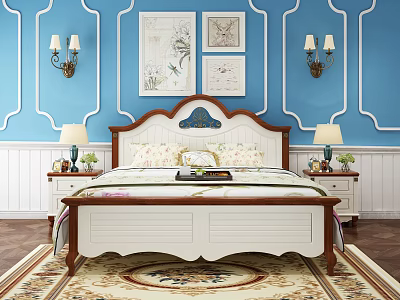 Double Bed in Background With Blue Walls Decorative Panels Framed Paintings and Bedside Tables 3d model