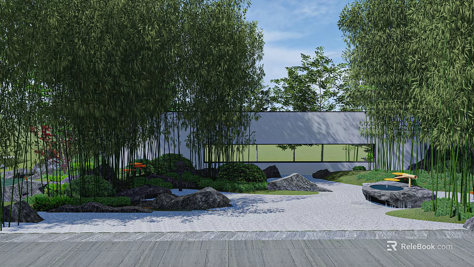 Dry Landscape Garden Design With Bamboo Trees Rocks And White Building 3d model 