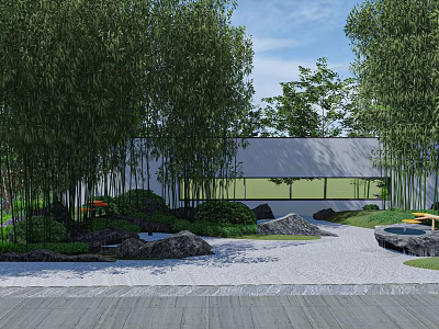 Dry Landscape Garden Design With Bamboo Trees Rocks And White Building 3d model