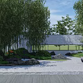 Dry Landscape Garden Design With Bamboo Trees Rocks And White Building