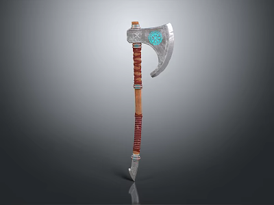 Silver Axe With Blue Decorative Pattern Wooden Handle Red Straps And Metal Tip 3d model