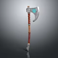 Silver Axe With Blue Decorative Pattern Wooden Handle Red Straps And Metal Tip 3d model