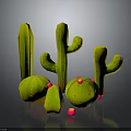 3D Rendered Green Cacti With Various Sizes Shapes Small Pink Decorations Gray Background Glossy Surface