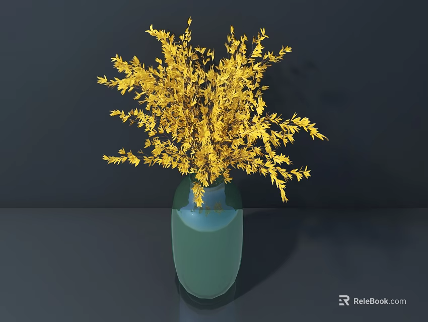 Yellow Flowers Arranged in Green Glass Vase on Dark Tabletop with Dark Background 3d model 