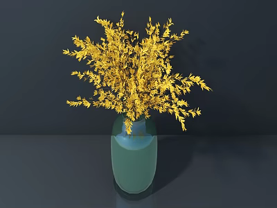 Yellow Flowers Arranged in Green Glass Vase on Dark Tabletop with Dark Background 3d model
