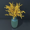 Yellow Flowers Arranged in Green Glass Vase on Dark Tabletop with Dark Background
