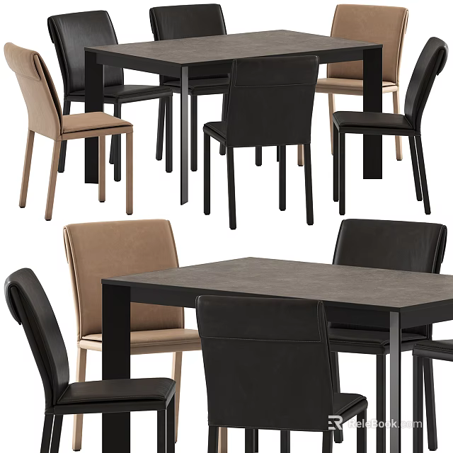 Modern Dining Table Set With Black And Beige Chairs And Gray Tabletop 3d model