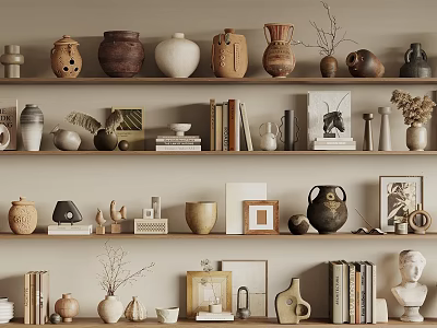 Elegant Decorative Ornament Combination on Wooden Shelves with Clay Pots Vases Books Frames and Sculptures 3d model