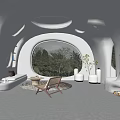 Curved White Interior Space Featuring Large Windows Natural Landscape Furniture And Fireplace