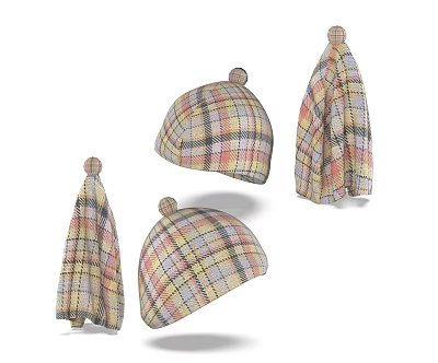 Multicolor Plaid Knitted Hats With Pom Pom On Top In Various Angles 3d model
