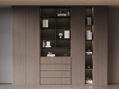 Modern Wooden Bookcase Design With Open Shelves Drawers And Decorative Items 3d model