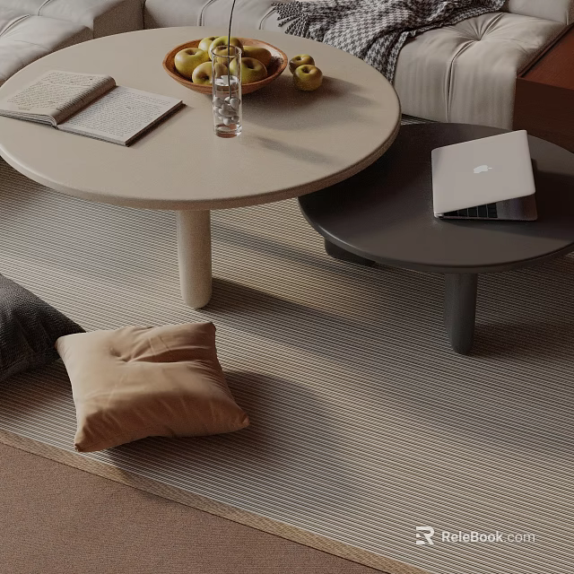 Modern Living Room Sofa And Coffee Table Set With Pillows Laptop And Fruits 3d model 