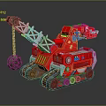 Red Tracked Engineering Vehicle With Crane Arm And Spherical Weight 3d model