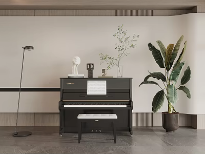 Elegant Room Interior Featuring Piano Instruments And Art Supplies With Floor Lamp And Plants 3d model