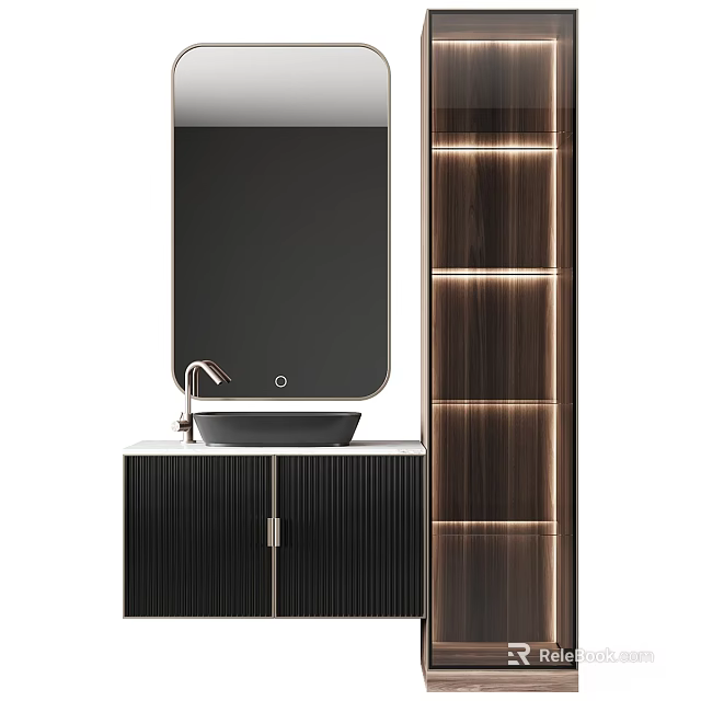 Modern Bathroom Vanity With Black Cabinet Mirror And Wooden Shelves Lighting 3d model 