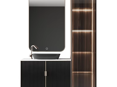 Modern Bathroom Vanity With Black Cabinet Mirror And Wooden Shelves Lighting 3d model