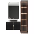 Modern Bathroom Vanity With Black Cabinet Mirror And Wooden Shelves Lighting