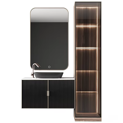 Modern Bathroom Vanity With Black Cabinet Mirror And Wooden Shelves Lighting 3d model