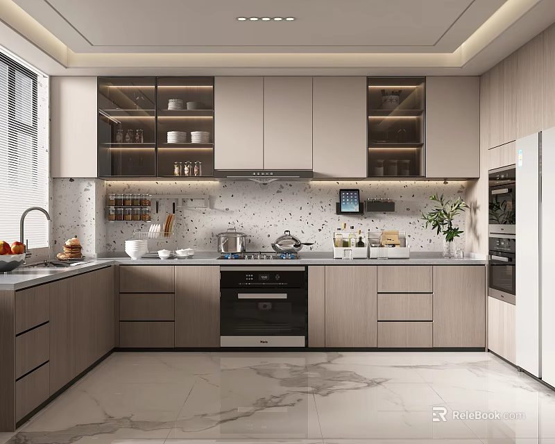 Modern Kitchen Interior Design With Marble Countertop Cabinets Appliances And Natural Light 3d model 
