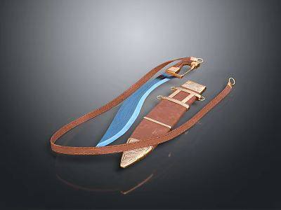 Handcrafted Tactical Knife With Blue Blade Brown Leather Sheath And Metal Fittings 3d model