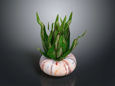 Green Lizard Resting On Marble Pot With Fresh Green Leaves 3d model