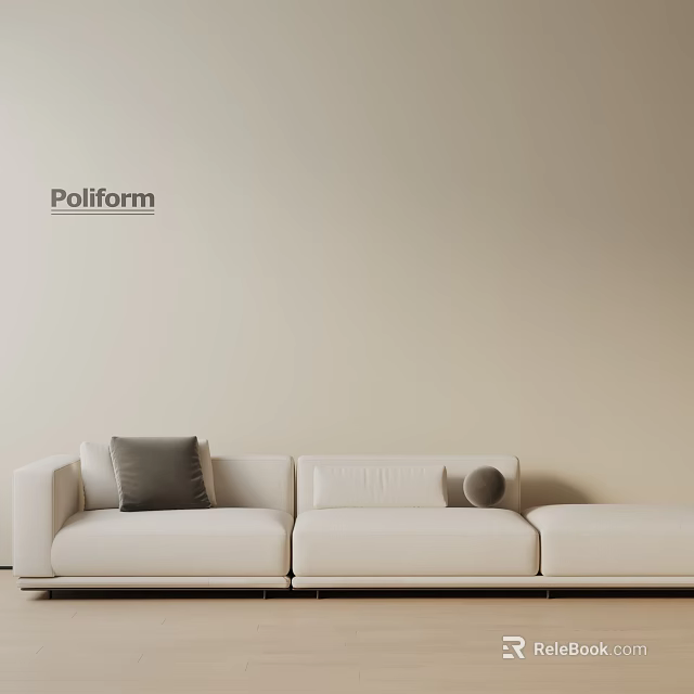 Poliform White Three Seater Sofa With Grey Cushion And Round Pillow On Beige Wall 3d model 