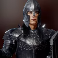 Knight In Steel Armor Holding Spear Shield And Standing With Horse