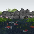 Natural Rockery Waterfall Pond With Lotus Flowers Lily Pads And Koi Fish