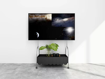 Modern Black TV Stand With Scalloped Design Green Plant And Vase Under TV Screen 3d model