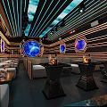 Sci Fi Themed Bar Interior With Starry Wall Decor And Seating