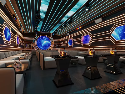 Sci Fi Themed Bar Interior With Starry Wall Decor And Seating 3d model