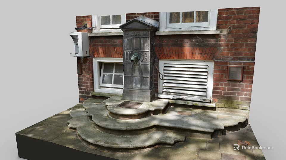 Stone Fountain With Stepped Base Against Brick Wall And White Framed Windows 3d model 