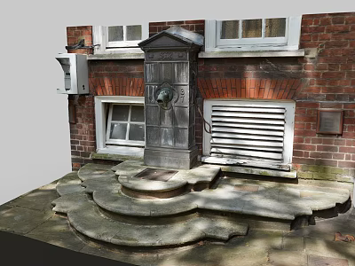 Stone Fountain With Stepped Base Against Brick Wall And White Framed Windows 3d model