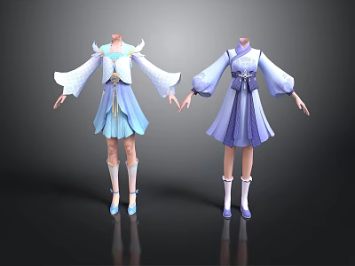 Traditional Style Blue Purple And White Clothing With Flowing Sleeves For Daily Wear 3d model