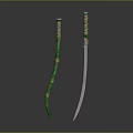 Two Decorative Weapons With Green Yellow Handles And Silver Blades
