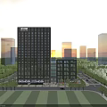 Modern Office Building With Glass Facade Green Surroundings And Urban Skyline Under Warm Sunlight
