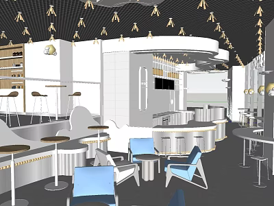 Modern Restaurant Interior With Open Layout Bar Counter And Hanging Lighting Fixtures 3d model